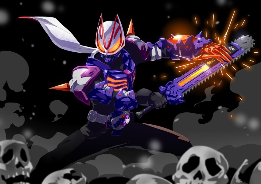 1boy armor armored_gloves black_bodysuit black_gloves bodysuit boots chainsaw claw_(weapon) cowboy_shot desire_driver finishing_move fox fox_mask gloves highres kamen_rider kamen_rider_geats kamen_rider_geats_(series) kitsune looking_at_viewer male_focus mask otokamu over_shoulder purple_armor raise_buckle scarf shoulder_spikes skull spikes spread_legs sword weapon weapon_over_shoulder white_scarf zombie zombie_breaker