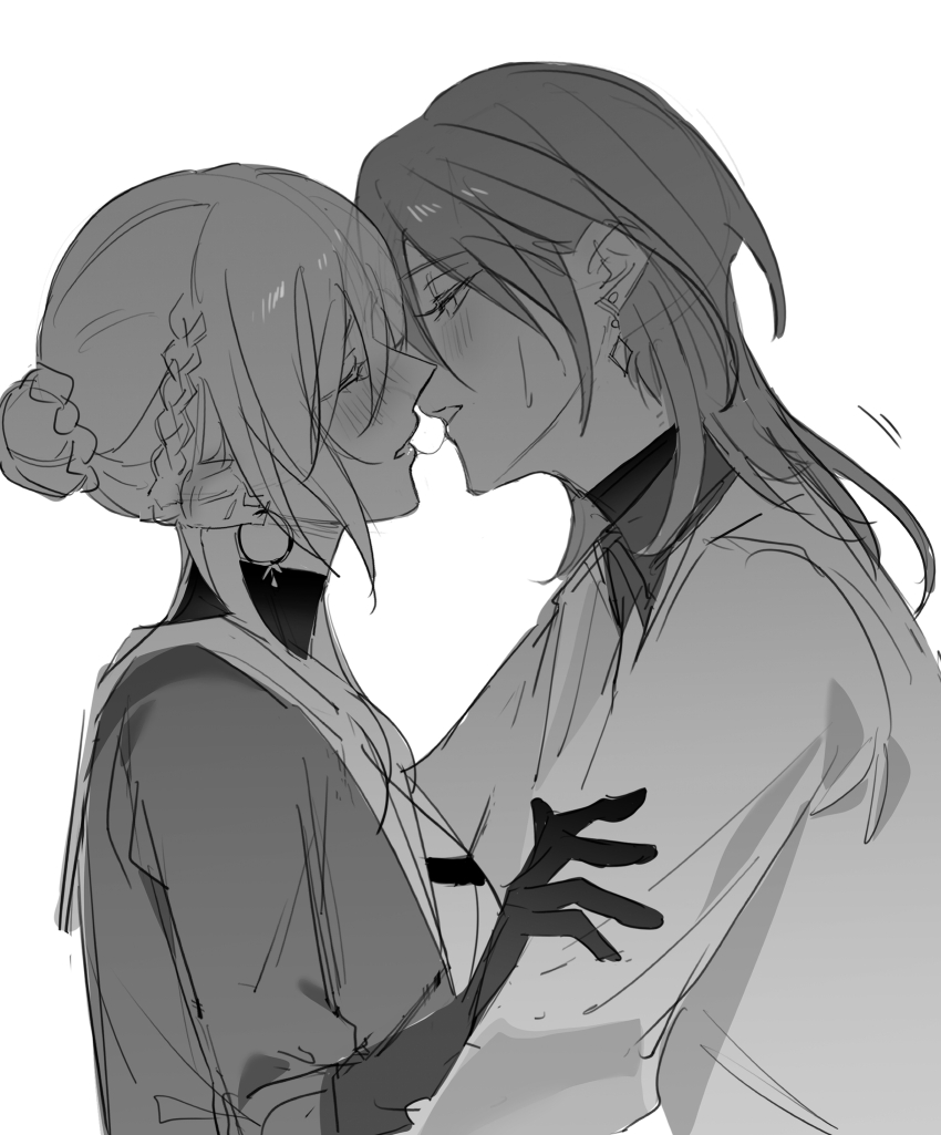 2girls blush braid bun_with_braided_base chief_(path_to_nowhere) closed_eyes collared_shirt commentary_request diamond_earrings earrings eyelashes female_chief_(path_to_nowhere) gloves greyscale hair_bun hand_on_another&#039;s_arm highres hoop_earrings jewelry kiss lab_coat long_hair long_sleeves looking_at_another monochrome motion_lines multiple_girls nightingale_(path_to_nowhere) path_to_nowhere saliva saliva_trail shirt short_hair_with_long_locks side_braid simple_background single_hair_bun sweat toho10min turtleneck turtleneck_shirt undershirt updo upper_body white_background yuri