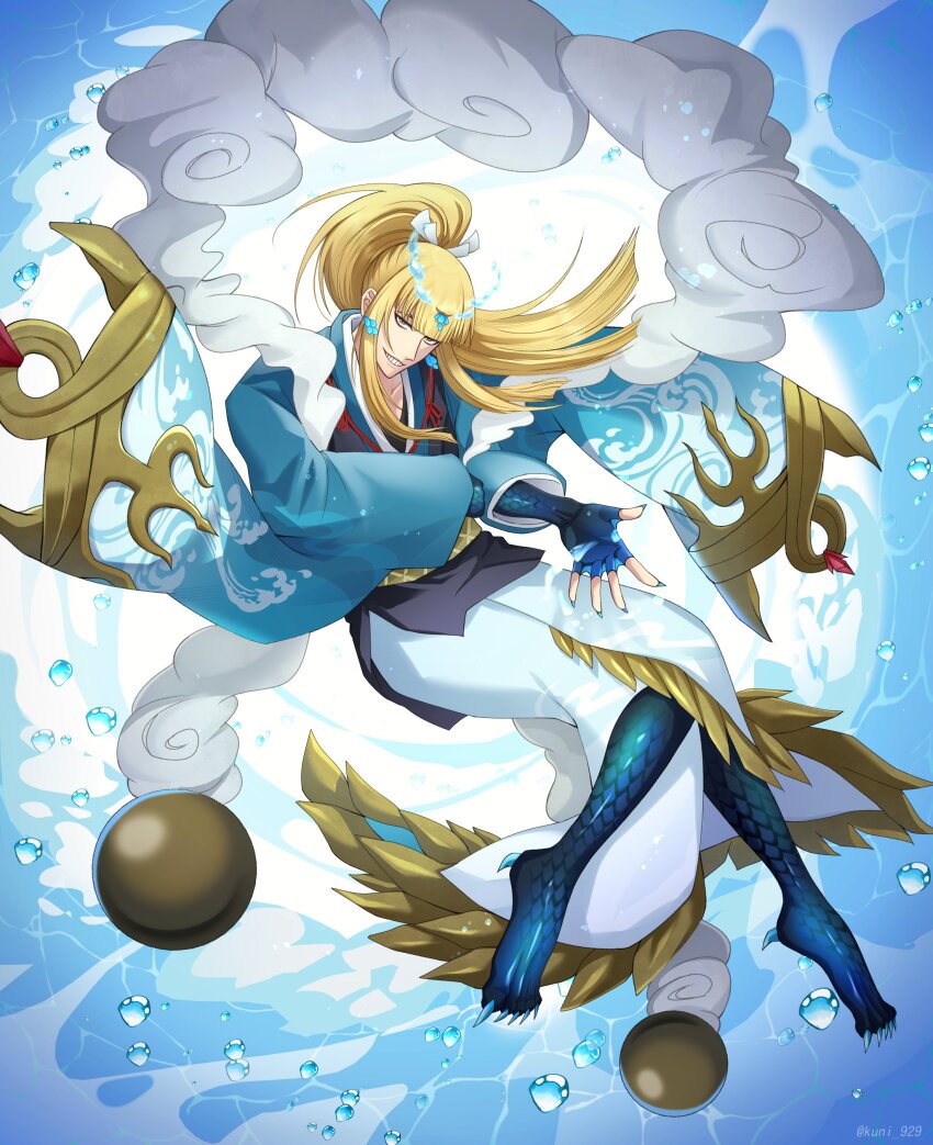 1boy :d absurdres alternate_form bleach bleach:_brave_souls blue_kimono blue_nails blue_scales blunt_bangs blunt_ends brown_eyes claws cloud commentary dragon_boy eyebrows_hidden_by_hair fingernails floating_hair full_body grin hair_ribbon highres hirako_shinji invisible_chair japanese_clothes kimono knees_together_feet_apart kuni_929 long_hair long_sleeves looking_at_viewer male_focus open_mouth outstretched_hand ponytail ribbon scales sharp_fingernails sidelocks sitting smile solo symbol-only_commentary tsurime twitter_username upturned_eyes water water_drop white_ribbon wide_sleeves
