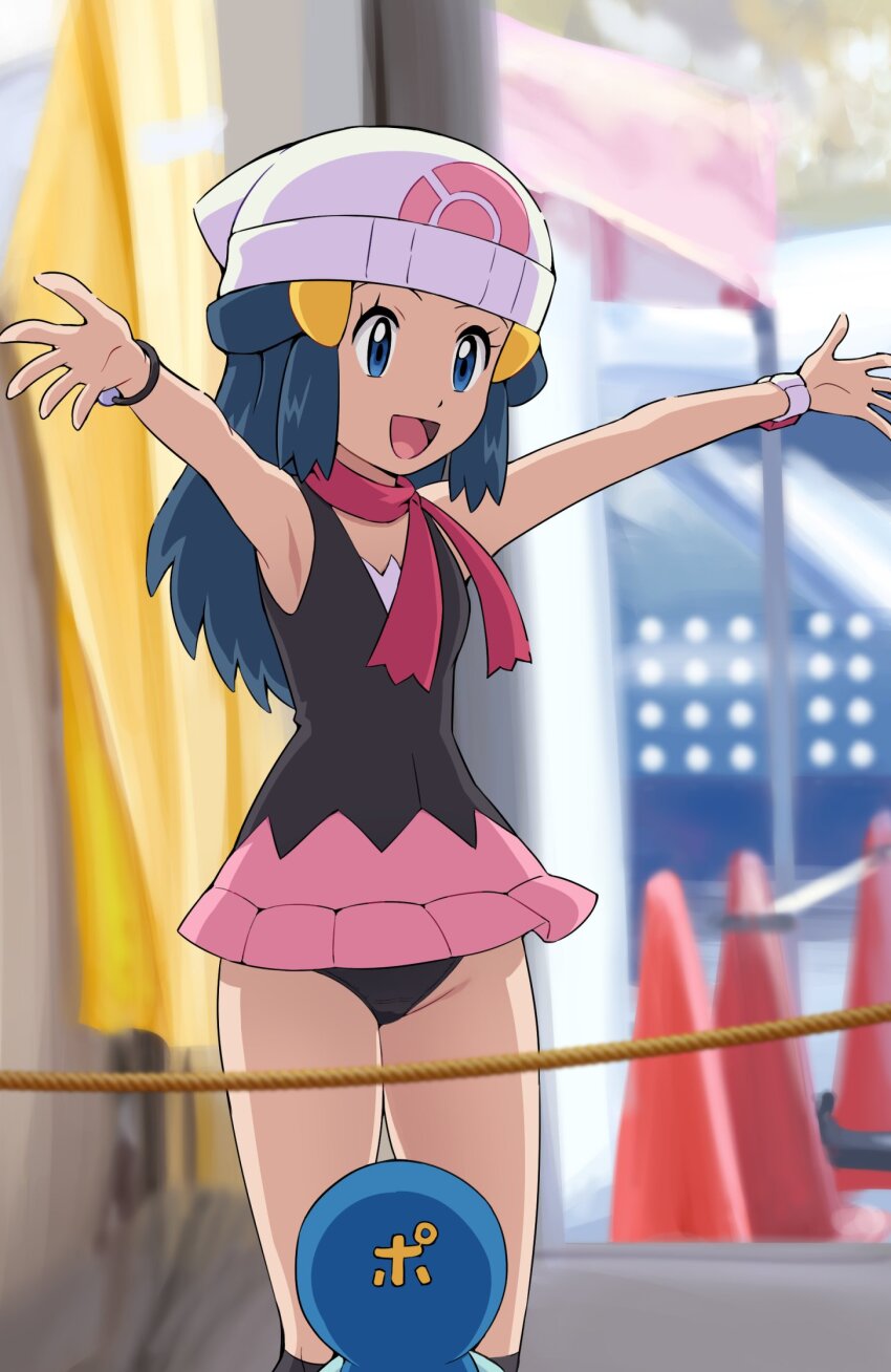 1girl :d arms_up beanie black_panties black_shirt blue_eyes blue_hair blurry blurry_background bracelet breasts covered_navel cowboy_shot dawn_(pokemon) derivative_work dress gen_4_pokemon hair_ornament hairclip happy hat highres indoors jewelry long_hair microskirt nintendo open_mouth outstretched_arms panties pink_skirt piplup poke_ball_print pokemoa pokemon pokemon_(anime) pokemon_(creature) pokemon_dppt_(anime) red_scarf rope scarf shirt sidelocks skirt sleeveless sleeveless_dress sleeveless_shirt small_breasts smile spread_arms traffic_cone underwear watch white_hat window wristwatch