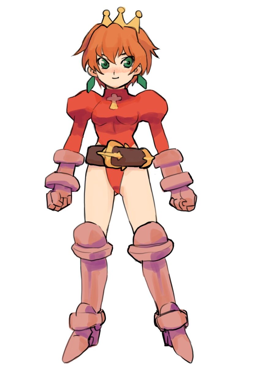 1girl aqua_eyes armored_boots belt belt_buckle boots breasts brown_belt buckle closed_mouth earrings gaia_master gan2 hair_between_eyes highleg highleg_leotard highres jewelry juliet_sleeves legs_apart leotard long_sleeves medium_breasts orange_hair princess_tiara puffy_sleeves red_leotard short_hair sideways_glance simple_background smile solo standing tiara white_background