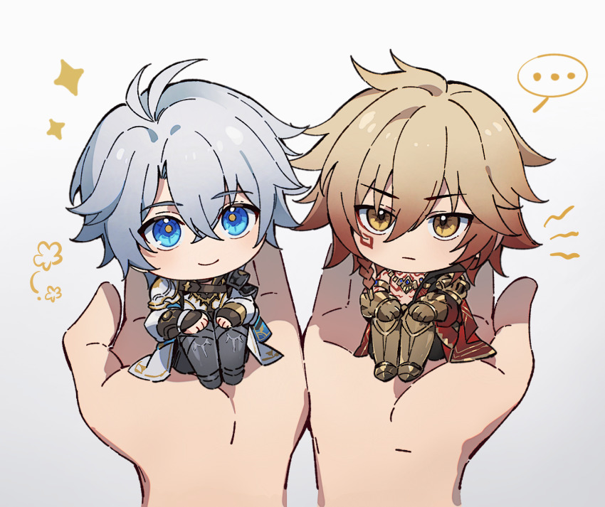 ... 2boys armor armored_boots armored_gloves belt_collar bilingual_commentary blonde_hair blue_eyes blue_hair boots chest_tattoo chibi chinese_commentary coat collar collared_coat commentary commentary_request english_commentary facial_tattoo gold_necklace gradient_hair highres holding_chibi honkai:_star_rail honkai_(series) jewelry male_focus mixed-language_commentary multicolored_hair multiple_boys mydei_(honkai:_star_rail) necklace open_clothes open_coat orange_eyes osamu18568716 pauldrons phainon_(honkai:_star_rail) red_hair red_tattoo shirt shoulder_armor simple_background single_pauldron sitting smile sparkle spoken_ellipsis tattoo white_background white_coat