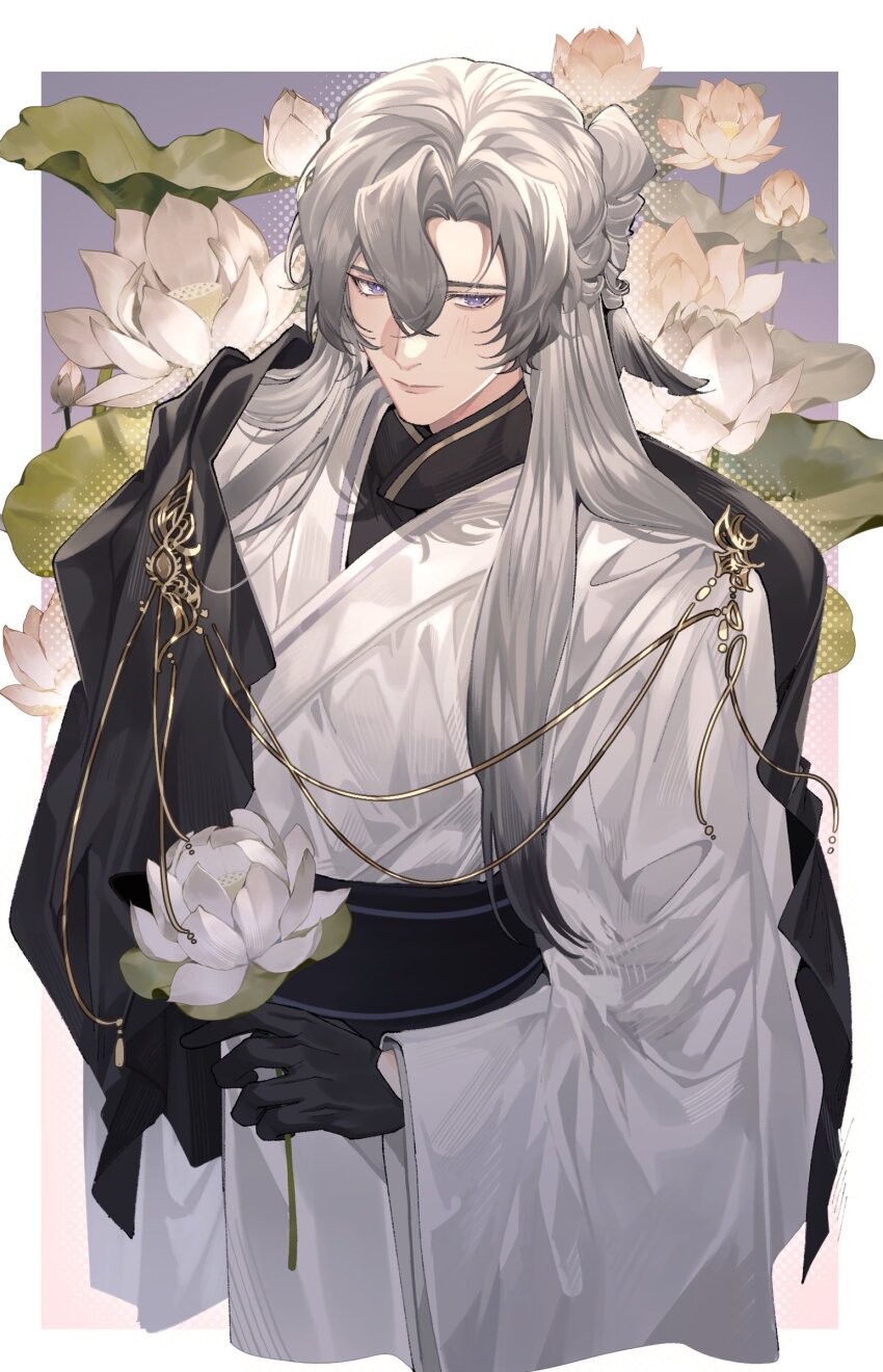 1boy bishounen chinese_clothes code:_kite flower grey_eyes grey_hair half_updo hanfu highres holding holding_flower jacket jacket_on_shoulders kharu11 long_hair lotus male_focus solo upper_body wang_can_(code:kite) white_hair white_lotus