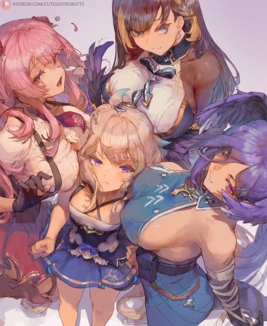 4girls black_hair blonde_hair blue_eyes breast_envy breasts cutesexyrobutts enna_alouette flat_chest head_wings heterochromia highres idol large_breasts multiple_girls nijisanji nijisanji_en petra_gurin petra_gurin_(2nd_costume) pink_eyes pink_hair purple_eyes purple_hair rosemi_lovelock rosemi_lovelock_(military) selen_tatsuki selen_tatsuki_(2nd_costume) sideboob skirt surrounded surrounded_by_breasts surrounded thighs virtual_youtuber wings