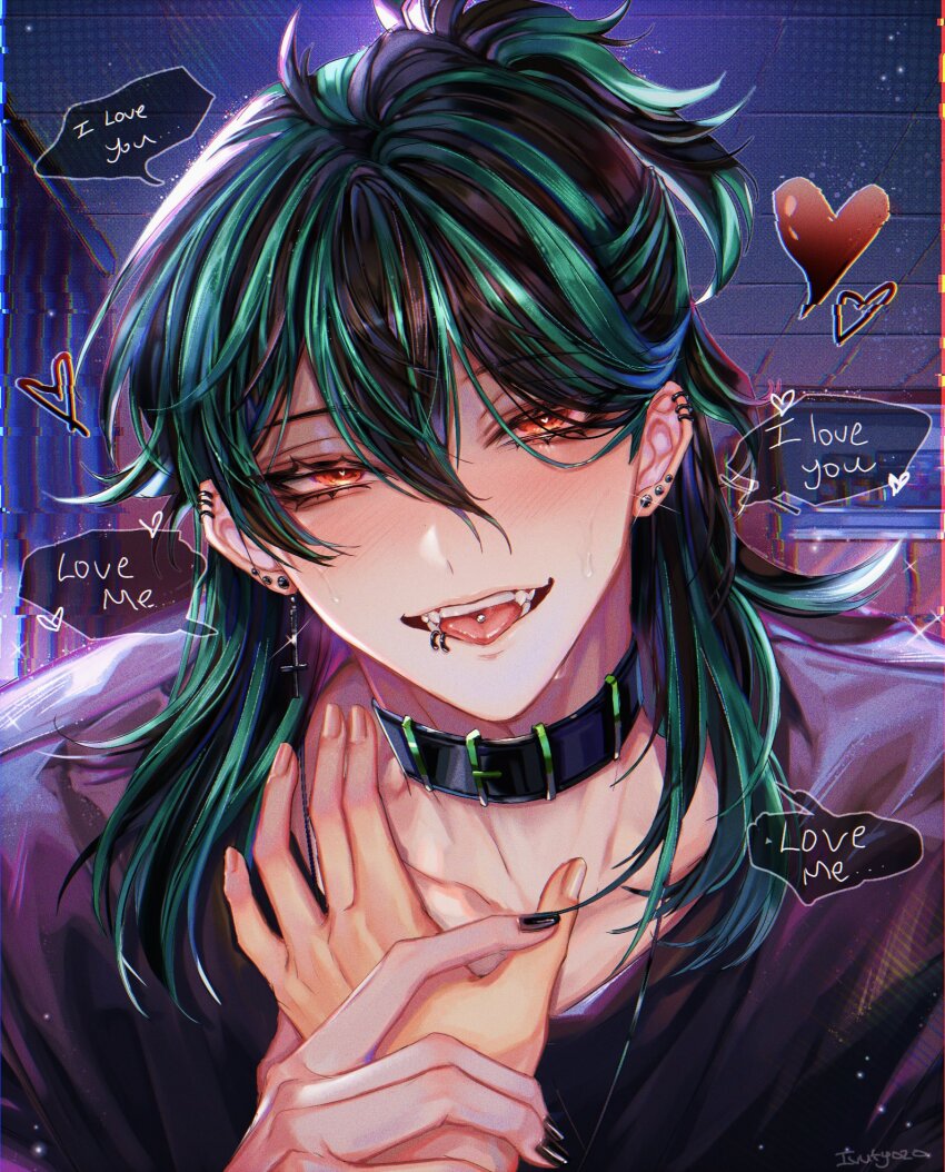 1boy artist_name black_collar black_hair black_nails black_shirt collar face_piercing green_streaks heart highres indoors ivutyozo lip_piercing long_hair looking_at_viewer multicolored_hair piercing pink_eyes portrait shirt solivan_brugmansia solo speech_bubble streaked_hair the_kid_at_the_back