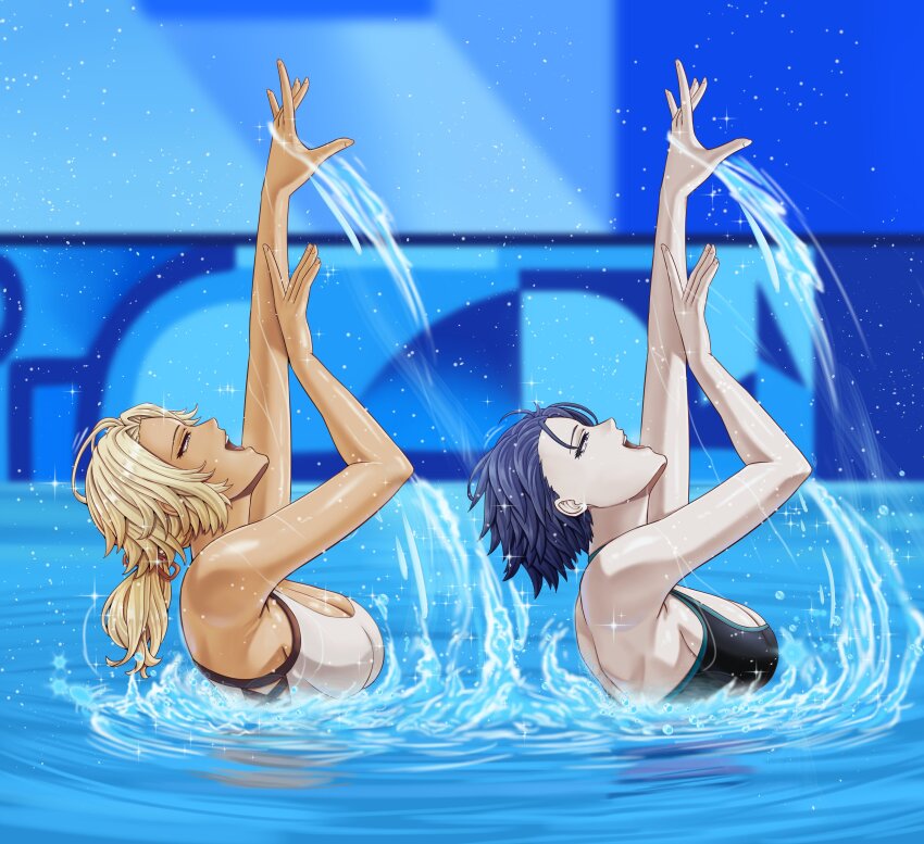2girls absurdres alternate_costume arms_up black_hair black_one-piece_swimsuit blonde_hair bow breasts catherine_(fire_emblem) cleavage dark-skinned_female dark_skin fire_emblem fire_emblem:_three_houses highres large_breasts looking_up medium_breasts multiple_girls nintendo one-piece_swimsuit pale_skin partially_submerged ponytail pool red_bow saikunartworks shamir_nevrand sideboob smile sparkle splashing swimming swimsuit synchronized_swimming tan water white_one-piece_swimsuit