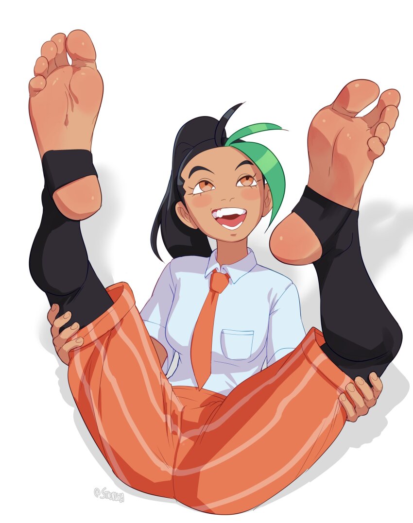 absurdres dark-skinned_female dark_skin feet foot_focus game_freak highres nemona_(pokemon) nintendo open_mouth pokemon pokemon_sv smile soles spread_legs staerk toeless_legwear