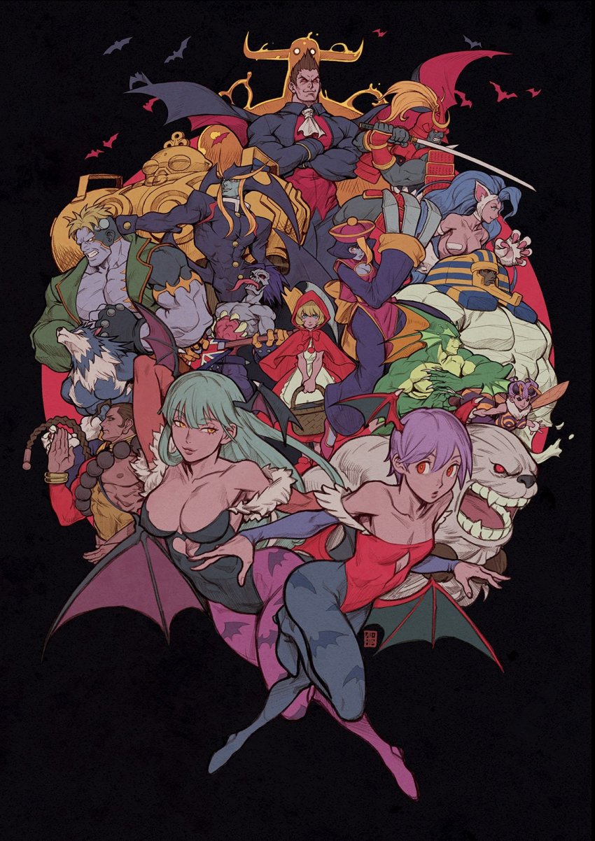 6+boys 6+girls absolum alien anakaris ancient_egyptian animal_ears animal_hands arthropod_girl b.b._hood basket bee_girl bishamon_(darkstalkers) blonde_hair blue_hair blue_skin bolt_(hardware) breasts capcom cat_ears cat_girl cat_paws chinese_clothes cleavage cleavage_cutout clothing_cutout colored_skin crown darkstalkers demitri_maximoff demon_girl donovan_baine dress elemental_(creature) energy energy_being everyone felicia_(darkstalkers) fire fire_elemental fish_boy fur guitar head_wings highres hood howling hsien-ko huitzil_(darkstalkers) insect_girl instrument jedah_dohma jiangshi jon_talbain large_breasts lilith_(darkstalkers) long_hair long_tongue lord_raptor monster_boy morrigan_aensland multiple_boys multiple_girls pantyhose plasma pyron q-bee red_dress rikuo_(darkstalkers) sasquatch_(darkstalkers) short_hair simple_background tongue tongue_out victor_von_gerdenheim werewolf wings zombie