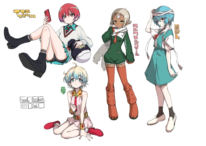 +_+ 4girls absurdres amate_yuzuriha aqua_skirt ayanami_rei bare_shoulders black_panties blue_eyes blue_hair boots boyshort_panties cellphone collared_shirt commentary_request crossed_legs dark-skinned_female dark_skin dress earrings expressionless facial_mark flat_chest forehead_mark full_body grey_hair gundam gundam_gquuuuuux hamao haro highres holding holding_phone jewelry lal&#039;c_mellk_mal light_smile looking_at_viewer miniskirt multiple_girls necktie neon_genesis_evangelion nia_teppelin panties phone red_eyes red_hair scarf school_uniform shirt short_dress short_hair sitting sketch skirt smartphone stud_earrings sweater tengen_toppa_gurren_lagann thigh_boots tokyo-3_middle_school_uniform top_wo_nerae!_(series) top_wo_nerae_2! underwear white_hair yellow_eyes