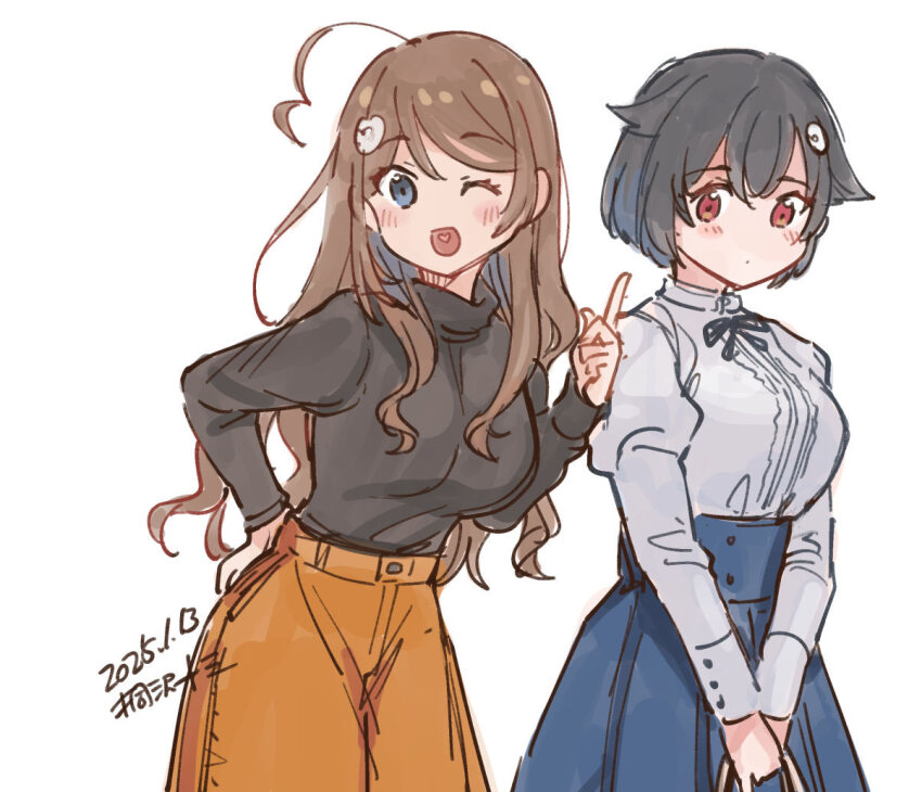 2girls ahoge alternate_costume alternate_hair_length alternate_hairstyle artist_logo black_hair black_sweater blue_skirt brown_hair chougei_(kancolle) dated hair_down hair_flaps hand_on_own_hip heart heart_in_mouth jingei_(kancolle) kantai_collection kirisawa_juuzou logo long_hair long_skirt looking_at_viewer multiple_girls orange_skirt red_eyes shirt short_hair simple_background skirt sweater very_long_hair wavy_mouth white_background white_shirt
