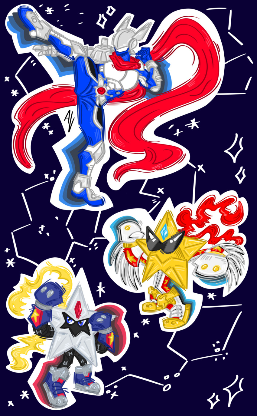 blue_eyes boots digimon digimon_(creature) gloves highres justimon scarf starmon sunglasses superstarmon