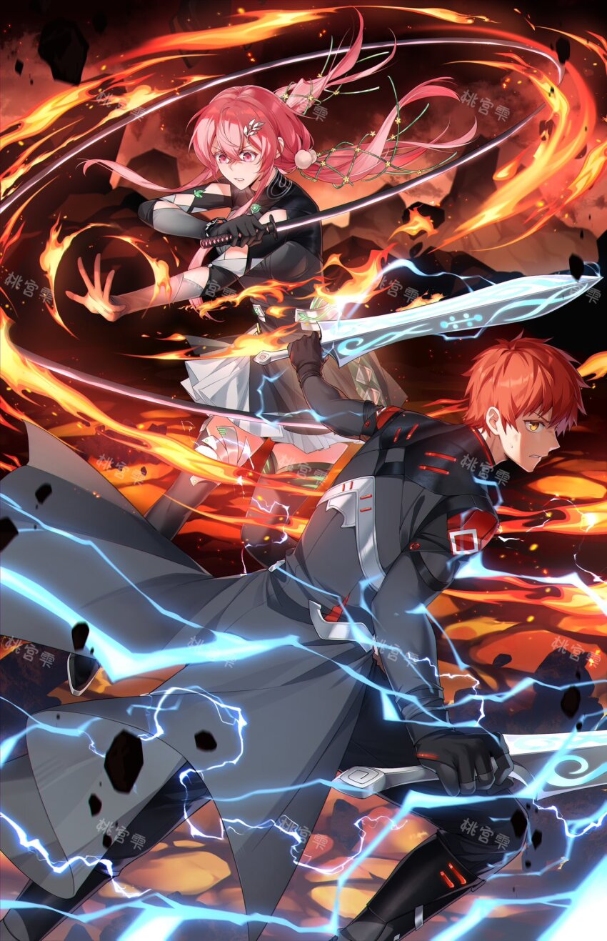 1boy 1girl black_gloves black_suit blush bow breasts burning candle collared_shirt command_spell couple cross cross_print dress emiya_shirou fate/stay_night fate_(series) fire flower formal_clothes gloves hair_ornament heart highres holding holding_flower holding_sword holding_weapon igote jacket katana long_hair long_sleeves magic magic_circuit momomiya_shizuku_(gaoyue_jixiang) multiple_swords multiple_weapons oc_x_canon orange_hair original pastels pink_eyes pink_hair red_hair ribbon shirt skirt smoke suit suit_jacket sword weapon