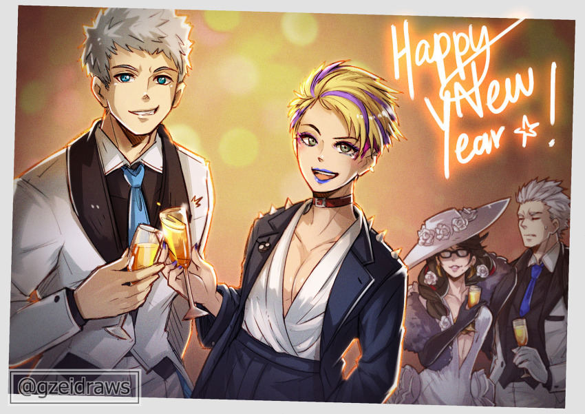 2boys 2girls bayonetta bayonetta_(series) bayonetta_3 black_hair blonde_hair blue_eyes braid choker coat crossover devil_may_cry_(series) devil_may_cry_5 dress earrings father_and_son glasses gloves gzei hair_slicked_back happy_new_year hat highres jewelry long_hair mole mole_under_mouth mother_and_daughter multicolored_hair multiple_boys multiple_girls nero_(devil_may_cry) new_year short_hair smile streaked_hair trait_connection twin_braids vergil_(devil_may_cry) viola_(bayonetta) white_dress white_hair