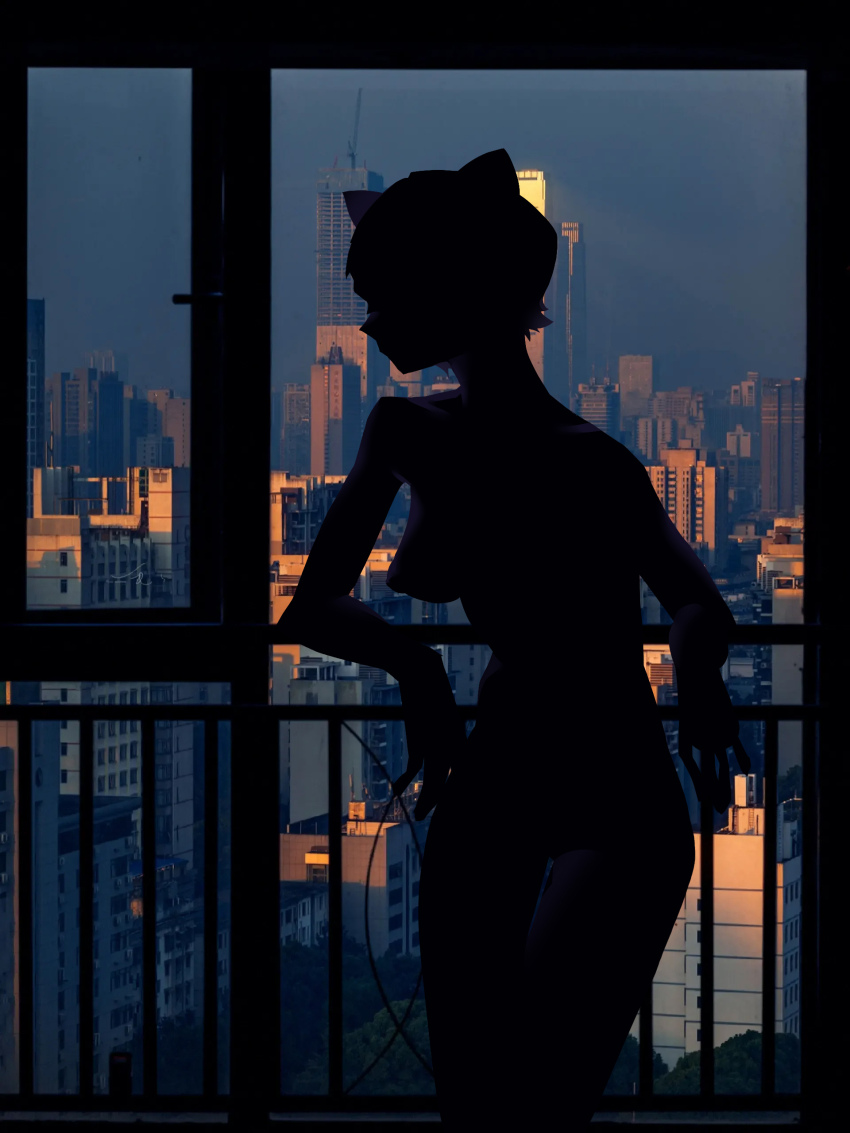 1girl absurdres breasts cityscape dusk highres nipples no_bra original photo_background profile short_hair silhouette solo standing window wohaimeiyou