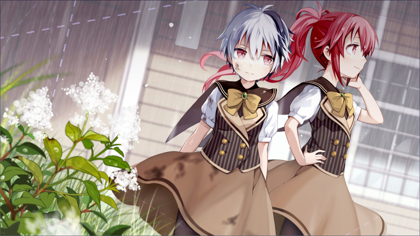 2girls absurdres blouse bow bowtie brown_bow brown_skirt cul dutch_angle floating_hair flower flower_(vocaloid) flower_(vocaloid4) hand_in_own_hair hand_on_own_hip highres kari_kenji long_hair looking_to_the_side multicolored_hair multiple_girls outdoors ponytail rain red_eyes red_hair shirt short_hair short_sleeves silver_hair skirt standing streaked_hair very_long_hair vocaloid white_flower white_shirt wind wind_lift