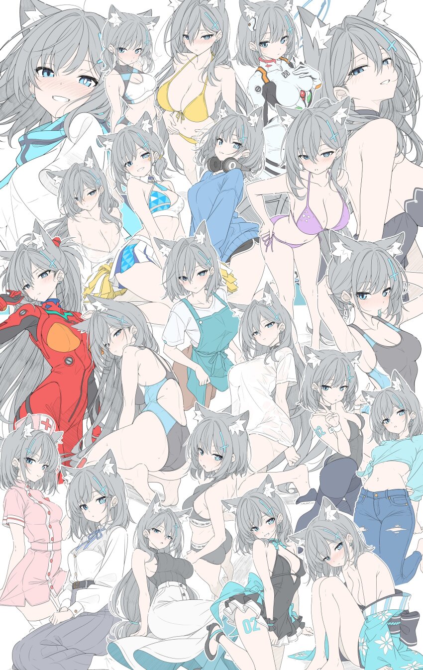1girl absurdres adjusting_hair air_jordan alternate_costume alternate_hair_length alternate_hairstyle animal_ear_fluff animal_ears apron apron_hold arm_behind_back arm_support arm_tattoo armpits arms_behind_back arms_behind_head arms_up ass ayanami_rei ayanami_rei_(cosplay) back bare_arms bare_legs bare_shoulders barefoot bikini black_choker black_dress black_jacket black_one-piece_swimsuit black_pantyhose black_shirt black_shorts blue_archive blue_bow blue_eyes blue_halo blue_kimono blue_one-piece_swimsuit blue_scarf blue_shirt blue_skirt blue_sweater blush bodysuit bow bra breasts bright_pupils broken_halo brown_skirt cheerleader choker cleavage closed_mouth clothes_tug clothes_writing collarbone commentary cosplay covered_navel criss-cross_halter crop_top cropped_shirt cross cross_hair_ornament denim dolphin_shorts double_v dress dress_bow earrings english_commentary extra_ears feet flat_color foreshortening frilled_dress frills from_behind from_below from_side front-tie_top full_body green_choker green_leotard grey_apron grey_bra grey_eyes grey_hair grey_halo grey_panties grey_pantyhose grey_skirt grin hair_behind_ear hair_between_eyes hair_intakes hair_ornament hair_over_one_eye hairclip halo halterneck hand_on_own_chest hand_on_own_hip hand_up hands_in_pockets hat headphones headphones_around_neck hickey high-waist_skirt high_heels highres holding holding_own_arm holding_syringe inverted_cross jacket japanese_clothes jeans jewelry kimono kneeling knees_up large_breasts leaning_forward leg_tattoo leg_up legs leotard long_hair long_sleeves looking_at_viewer looking_back mecha_pilot_suit medium_breasts medium_hair midriff millennium_cheerleader_outfit_(blue_archive) mismatched_pupils mouth_hold navel neon_genesis_evangelion nike_(company) nontraditional_playboy_bunny nose_blush number_tattoo nurse_cap off_shoulder official_alternate_costume one-piece_swimsuit open_clothes open_jacket open_mouth panties pants pantyhose parted_lips pigeon-toed pink_dress plugsuit_(evangelion) pom_pom_(cheerleading) ponytail puffy_long_sleeves puffy_sleeves purple_bikini red_bodysuit ribbon scarf see-through_clothes see-through_shirt see-through_silhouette seiza shiroko_(blue_archive) shiroko_(swimsuit)_(blue_archive) shiroko_terror_(blue_archive) shirt shirt_tucked_in shirt_tug shoes short_dress short_hair short_shorts short_sleeves shorts side-tie_bikini_bottom side-tie_shirt sideboob sidelocks simple_background sitting skirt sleeveless sleeveless_shirt sleeves_past_wrists smile sneakers socks soles solo souryuu_asuka_langley souryuu_asuka_langley_(cosplay) sports_bra standing standing_on_one_leg star_sticker sticker_on_face stomach strapless strapless_dress string_bikini stud_earrings sweater sweater_tug swimsuit syringe t1kosewad tail tattoo text_print thighhighs thighs tied_shirt toes torn_clothes torn_jeans torn_pants turtleneck turtleneck_shirt two-tone_one-piece_swimsuit two-tone_skirt two-tone_sports_bra underwear upper_body v very_long_hair waist_bow wet wet_clothes wet_shirt white_background white_bodysuit white_pupils white_ribbon white_shirt white_skirt white_socks white_thighhighs white_wrist_cuffs wolf_ears wolf_girl wolf_tail wrist_cuffs wrist_wrap yellow_bikini