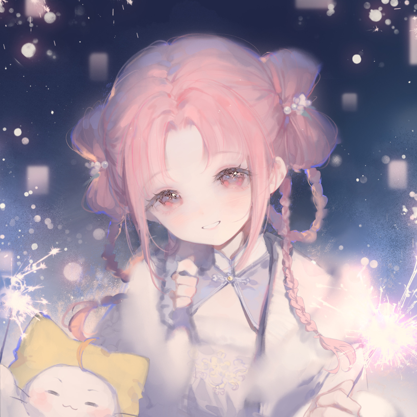 1girl ^_^ absurdres ahoge animal beads blue_collar blue_hanfu blunt_bangs bow-shaped_hair braid braided_hair_rings cat chinese_clothes chinese_commentary closed_eyes closed_mouth clothed_animal collar commentary_request detached_sleeves dot_nose ear_covers eyelashes flower fur-trimmed_sleeves fur_shawl fur_trim grin hair_beads hair_flower hair_ornament hair_rings hanfu happy highres holding holding_fireworks hood hood_up infinity_nikki lantern light_blush lips long_hair long_sleeves looking_at_viewer mandarin_collar momo_(nikki) mugoa_mugo new_year&#039;s_dawn_(infinity_nikki) night night_sky nikki_(nikki) nikki_(series) outdoors paper_lantern parted_bangs pink_eyes pink_hair pink_lips shawl sky sleeves_past_wrists smile snowing solo_focus sparkle twin_braids upper_body white_cat white_flower white_shawl yellow_hood