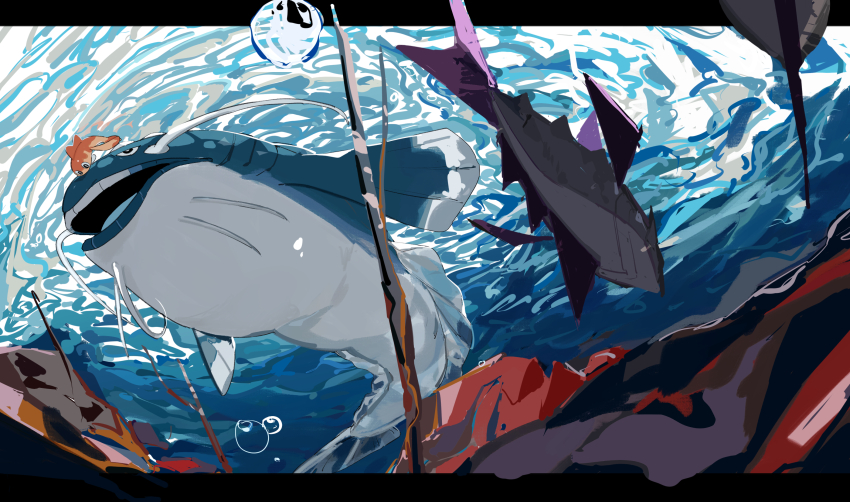 animal_focus apios black_eyes blue_background bright_pupils dondozo fish from_below half-closed_eyes highres letterboxed nintendo no_humans open_mouth outdoors outside_border pokemon pokemon_(creature) swimming tatsugiri tatsugiri_(curly) underwater veluza white_pupils