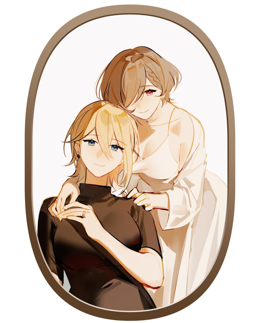 2girls absurdres black_shirt blonde_hair blue_eyes breasts brown_hair camisole cleavage commentary durandal_(honkai_impact) english_commentary hair_between_eyes hair_over_one_eye hand_on_another&#039;s_hand hands_on_another&#039;s_shoulders highres honkai_(series) honkai_impact_3rd jewelry mirror mole mole_under_eye multiple_girls purple_eyes reflection reflection_focus ring rita_rossweisse robe shirt short_hair short_sleeves simple_background smile turtleneck turtleneck_shirt white_background white_camisole white_robe wife_and_wife ylceon yuri