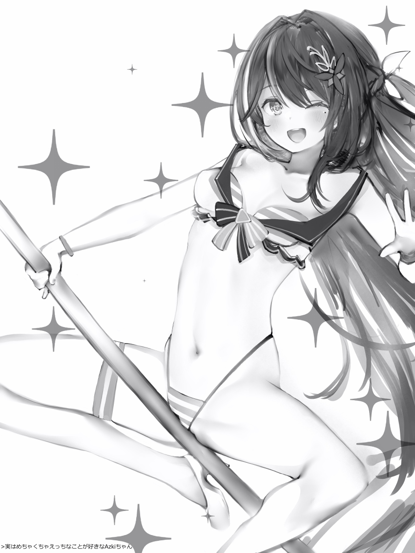 1girl absurdres azki_(hololive) barefoot bikini blush grey_scales hair_ornament hairpin heart heart-shaped_pupils highleg highleg_bikini highres hololive hololive_summer_2023_swimsuit looking_at_viewer nanashi_(nlo) navel official_alternate_costume one_eye_closed pole pole_dancing smile solo star_(symbol) striped_bikini striped_clothes swimsuit symbol-shaped_pupils thigh_strap virtual_youtuber white_background