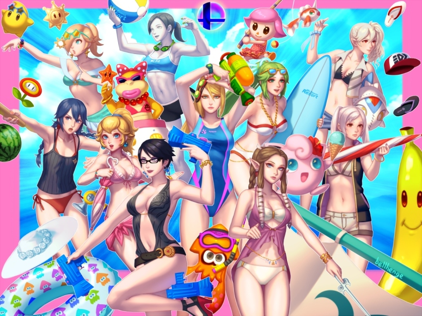 6+girls abs alternate_hairstyle animal_crossing artist_name ball banana bayonetta bayonetta_(series) bayonetta_2 beach beachball bellhenge belly_chain bikini bikini_under_clothes black_hair blonde_hair blue_hair blush bow bracelet braid breasts center_opening cleavage colored_skin female_corrin_(fire_emblem) everyone eyewear_on_head f.l.u.d.d. female_robin_(fire_emblem) fire_emblem fire_emblem_awakening fire_emblem_fates fire_flower fish fishing_rod flower food fruit gen_1_pokemon glasses goggles goggles_around_neck goggles_on_head goldeen green_hair grey_hair hair_bow hair_flower hair_ornament hat high_heels hood hoodie ice_cream ice_cream_cone inkling inkling_player_character innertube jewelry jigglypuff kid_icarus kid_icarus_uprising large_breasts lilith_(fire_emblem) looking_at_viewer lucina_(fire_emblem) luma_(mario) male_robin_(fire_emblem) mario_(series) md5_mismatch medium_breasts metroid midriff mole mole_under_mouth multiple_girls nail_polish navel nintendo ocean one-piece_swimsuit palutena pink_hair pointy_ears pokemon pokemon_(creature) ponytail princess_peach princess_zelda resized resolution_mismatch rosalina sail samus_aran sandals sarong shine_sprite short_hair short_shorts shorts side_ponytail sleeveless sleeveless_hoodie small_breasts smash_ball smile snorkel source_smaller splatoon_(series) splatoon_1 sports_bikini squid star-shaped_eyewear star_(symbol) starfish stomach sunglasses super_mario_galaxy super_mario_sunshine super_smash_bros. surfboard swim_ring swimsuit the_legend_of_zelda the_legend_of_zelda:_twilight_princess toned toned_female twin_braids twintails upscaled villager_(animal_crossing) wand water_gun watermelon wendy_o._koopa white_skin wii_fit wii_fit_trainer wii_fit_trainer_(female)