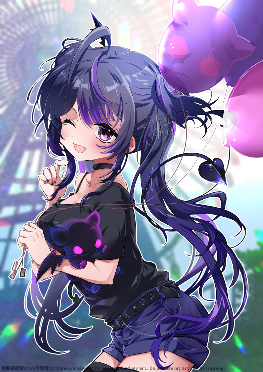 1girl balloon black_choker black_hair black_shirt choker demon_girl demon_tail fang highres himeyamayuri holding holding_balloon idol_corp long_hair looking_at_viewer multicolored_hair one_eye_closed open_mouth purple_hair purple_shorts roca_rourin_(vtuber) shirt shorts skin_fang smile solo streaked_hair tail twintails very_long_hair virtual_youtuber