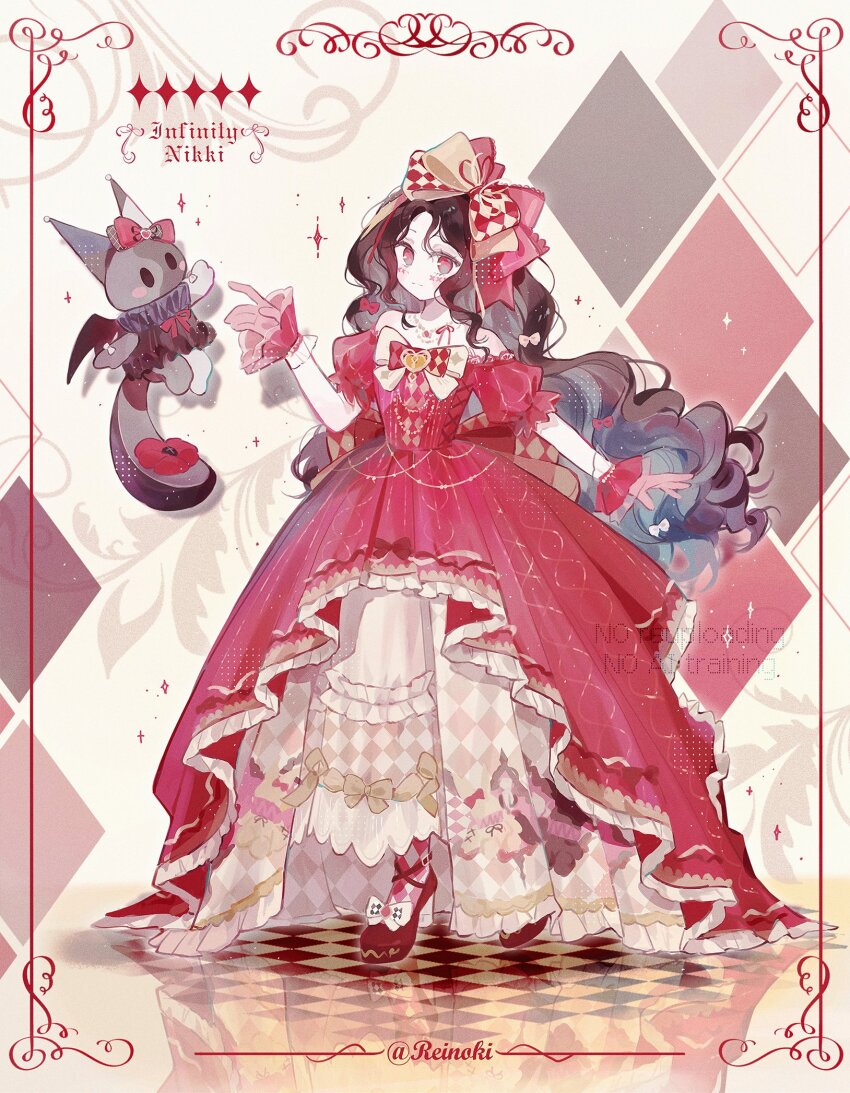1girl argyle_background argyle_bow argyle_bowtie argyle_clothes argyle_dress argyle_pantyhose artist_name bare_shoulders bead_necklace beads blush_stickers bow bowtie brooch brown_hair buckle character_profile checkered_floor closed_mouth crimson_rhapsody_(infinity_nikki) dot_nose dress expressionless eyelashes facial_tattoo footwear_bow frilled_dress frilled_sleeves frilled_wrist_cuffs frills full_body gown hair_between_eyes hair_bow hair_ribbon hand_up heart heart_brooch highres hime_lolita infinity_nikki jewelry lace lace-trimmed_bow lace-trimmed_dress lace_trim layered_dress light_particles lingzhijun_reinoki lolita_fashion long_hair looking_at_viewer mary_janes multiple_hair_bows necklace nikki_(series) off-shoulder_dress off_shoulder pantyhose picture_frame puffy_short_sleeves puffy_sleeves red_bow red_bowtie red_dress red_eyes red_pantyhose red_ribbon red_shoes red_wrist_cuffs ribbon shoes short_sleeves sidelocks solo standing star_(symbol) stuffed_animal stuffed_cat stuffed_toy tattoo two-tone_bow two-tone_bowtie very_long_hair watermark white_bow white_dress wrist_cuffs yellow_background yellow_bow yellow_bowtie