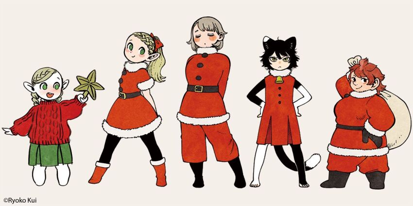 4girls aged_down animal_ears arm_up arms_behind_back barefoot bell black_footwear black_gloves black_hair blonde_hair blush_stickers body_fur boots braid braided_bangs cat_ears cat_girl cat_tail child christmas closed_eyes closed_mouth dress dual_persona dungeon_meshi dwarf elf facing_viewer falin_touden falin_touden_(tallman) fur-trimmed_dress fur_trim gloves grey_hair hands_on_own_hips holding holding_sack izutsumi kui_ryouko legs_apart lineup long_hair looking_at_viewer marcille_donato multiple_girls namari_(dungeon_meshi) official_art pointy_ears ponytail red_dress red_footwear red_hair sack santa_boots santa_costume santa_dress short_hair simple_background sleeveless sleeveless_dress smile standing tail white_background