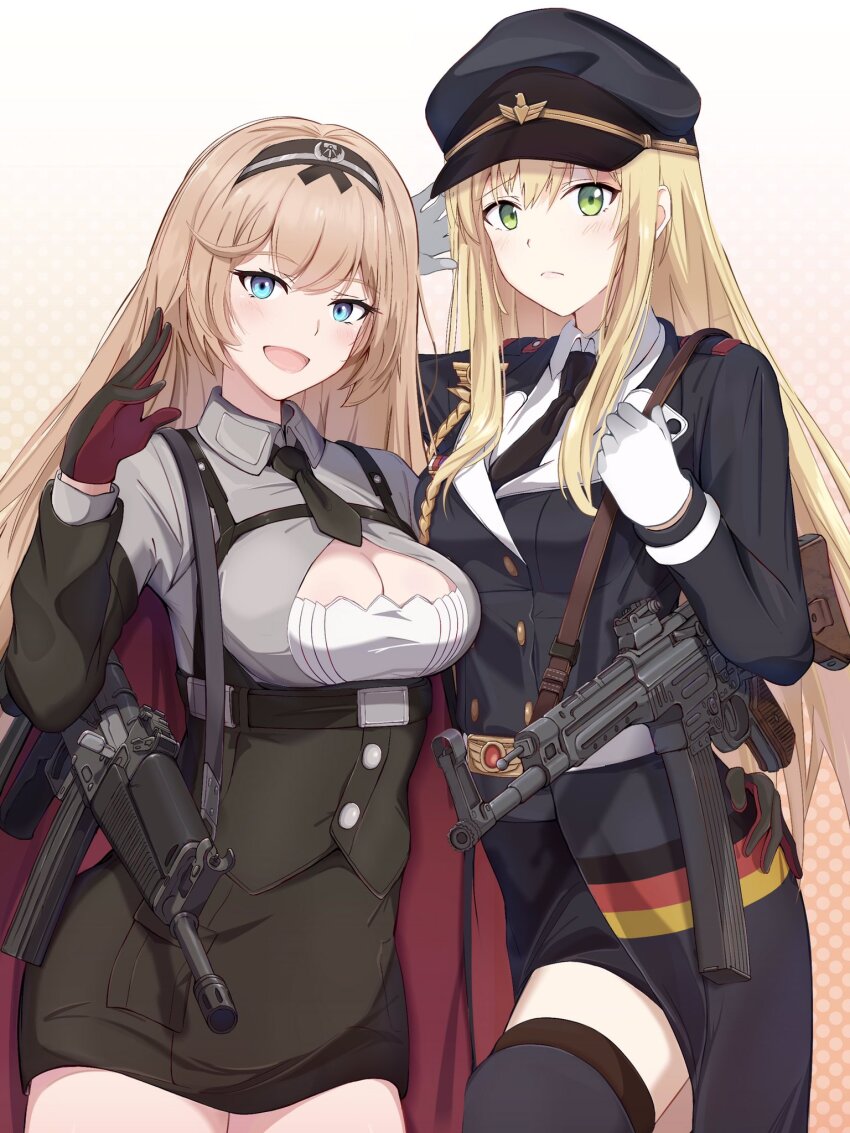 2girls assault_rifle black_gloves black_necktie black_skirt blonde_hair blue_eyes blue_jacket blue_skirt blue_thighhighs breasts commission east_germany german_flag girls&#039;_frontline gloves gradient_background green_eyes gun highres jacket large_breasts looking_at_viewer makiyo_shine medium_breasts military_uniform multiple_girls necktie polka_dot polka_dot_background rifle salute serious shirt skirt stg-940_(girls&#039;_frontline) stg44 stg44_(girls&#039;_frontline) thighhighs weapon white_background white_gloves white_shirt wieger_stg-940