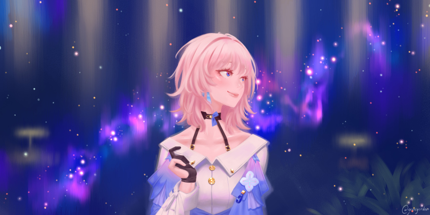 1girl absurdres archery_shooting_glove artist_name black_choker blue_background blue_eyes blue_jacket blush breasts buttons choker collarbone dress_shirt earrings eyelashes facing_viewer gloves hair_between_eyes hand_up highres honkai:_star_rail honkai_(series) jacket jesse_jordan jewelry light_rays long_sleeves looking_to_the_side low-cut march_7th_(honkai:_star_rail) medium_breasts medium_hair multicolored_eyes pale_skin partially_fingerless_gloves pastel_colors pink_eyes pink_hair ribbon shirt single_glove smile solo space star_(symbol) star_symbol_background twitter_username two-tone_eyes white_shirt wide_shot