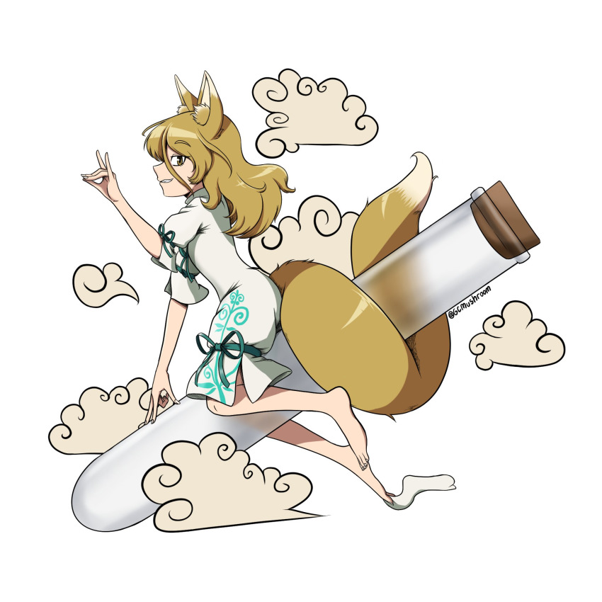 1girl animal_ear_fluff animal_ears aqua_ribbon arm_ribbon artist_name blonde_hair brown_eyes cloud fox_ears fox_girl fox_shadow_puppet fox_tail from_side giantcavemushroom grin highres kudamaki_tsukasa leg_ribbon looking_at_viewer looking_to_the_side medium_hair no_shoes patterned_clothing profile ribbon romper short_sleeves smile sock_dangle solo straddling tail thigh_ribbon touhou tube white_background