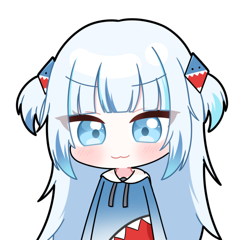 1girl :3 blue_eyes blue_hair blunt_bangs blush chibi commentary_request gawr_gura hair_ornament highres hololive hololive_english hood hood_down hoodie long_hair long_sleeves looking_at_viewer moka_chino multicolored_hair smile solo streaked_hair two_side_up upper_body virtual_youtuber white_hair