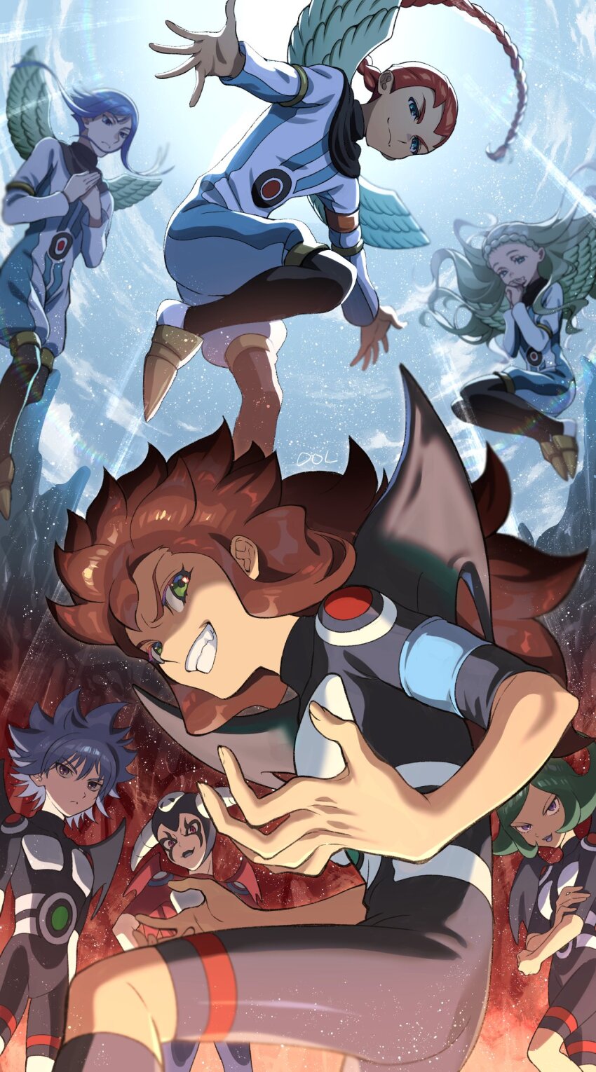 2girls 5boys angel angel_wings arachnes astaroth_(inazuma_eleven) belzebu blonde_hair blue_eyes blue_hair blue_sky bodysuit braid brown_hair cloud covering_own_mouth desuta dolustoy ekadel green_eyes green_hair guel highres inazuma_eleven inazuma_eleven_(series) long_hair looking_at_viewer looking_down makai_gundan_z multiple_boys multiple_girls orange_hair purple_eyes purple_lips sein single_braid sky soccer_uniform sportswear tenkuu_no_shito wings