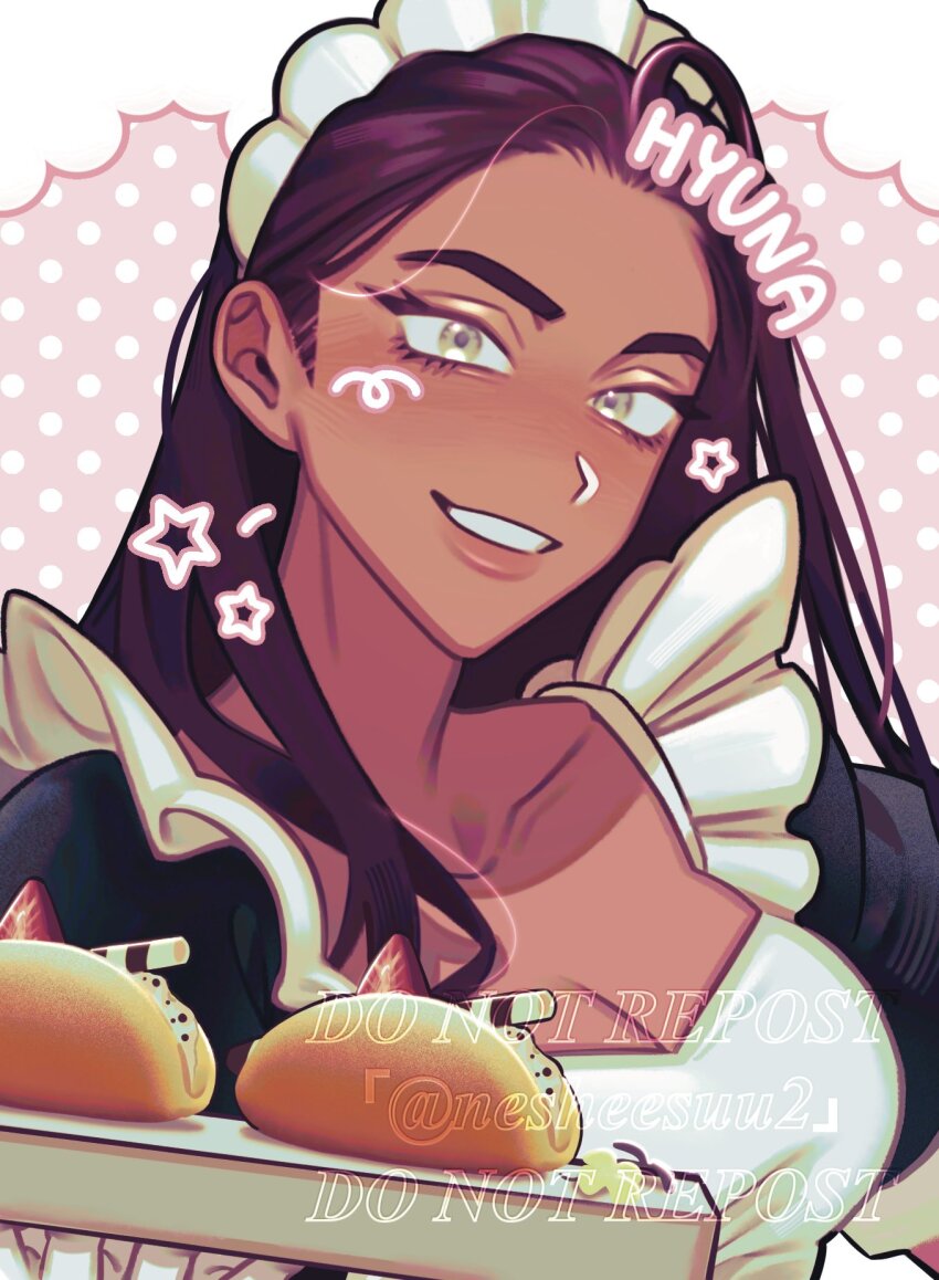1girl alien_stage brown_hair character_name commentary dark-skinned_female dark_skin dessert food food_request fruit grey_eyes highres hyuna_(alien_stage) long_hair nesheesuu2 official_alternate_costume pink_background polka_dot polka_dot_background smile solo star_(symbol) strawberry strawberry_slice symbol-only_commentary watermark