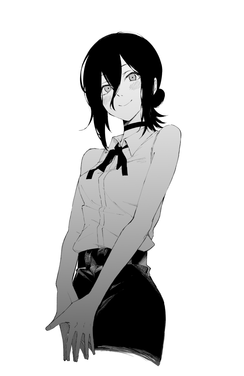 1girl absurdres blush breasts chainsaw_man choker collared_shirt cowboy_shot female_focus greyscale hair_between_eyes hair_bun highres looking_at_viewer medium_breasts medium_hair monochrome neck_ribbon own_hands_together reze_(chainsaw_man) ribbon shirt simple_background single_hair_bun skirt sleeveless sleeveless_shirt smile solo tsukamoto_minori white_background