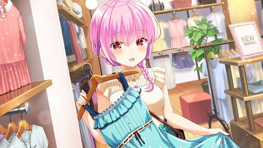 1girl bare_legs collared_dress dress girlfriend_(kari) hanafusa_yuki indoors night official_art open_mouth pink_hair qp:flapper red_eyes shoes smile solo standing tagme white_dress
