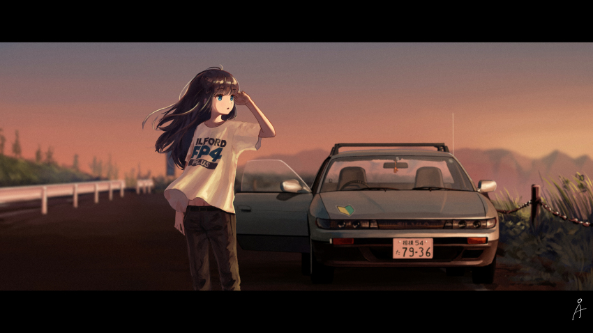 1girl absurdres belt black_pants blue_eyes brown_hair car cowboy_shot denim evening grass guard_rail hand_in_own_hair hand_up highres jeans letterboxed long_hair motor_vehicle navel nissan nissan_silvia nissan_silvia_s13 open_mouth original oversized_clothes pants rudeko32 scenery shirt shoshinsha_mark solo vehicle_focus white_shirt wide_shot