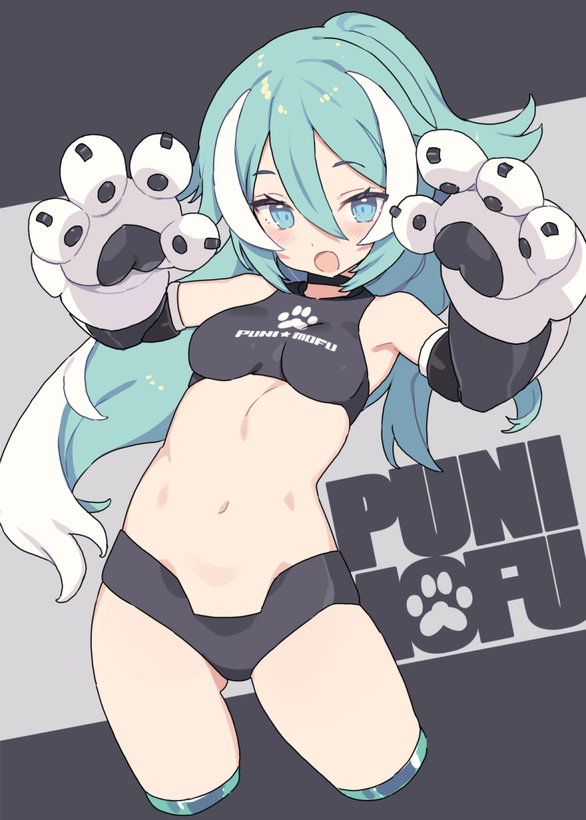 1girl :d animal_hands bare_shoulders black_choker black_panties black_sleeves black_sports_bra blade_(galaxist) blue_eyes blue_hair bra breasts choker clothes_writing commentary_request cropped_legs detached_sleeves gloves gluteal_fold hair_between_eyes hands_up highres long_hair looking_at_viewer megami_device multicolored_hair navel open_mouth panties paw_gloves paw_print paw_print_pattern print_bra puni_mofu_lang smile solo sports_bra stomach streaked_hair two-tone_hair underwear white_gloves white_hair