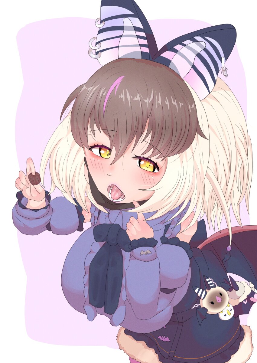 1girl absurdres animal_ears bat_ears bat_girl bat_wings bow bowtie brown_hair brown_long-eared_bat_(kemono_friends) earrings extra_ears food grey_hair highres jewelry kemono_friends kemono_friends_v_project long_hair looking_at_viewer mask nekomar_nknk poporu_(kemono_friends) shirt simple_background skirt stuffed_toy sweets virtual_youtuber wings yellow_eyes