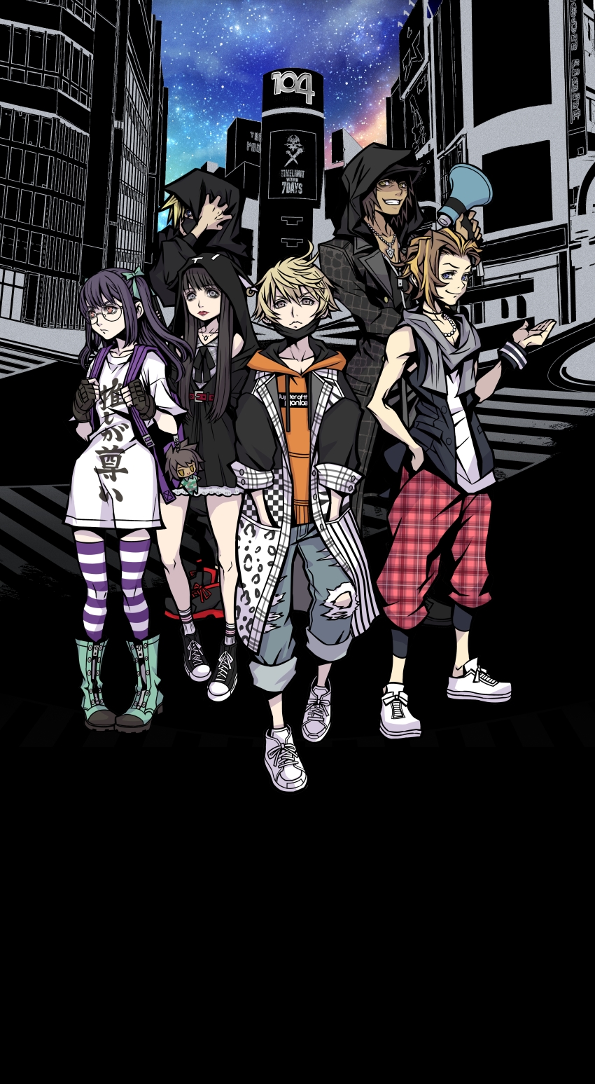 absurdres building city furesawa_tousai glasses highres hood hood_up hoodie huge_filesize incredibly_absurdres jacket kanade_rindou looking_at_viewer mask matsunae_tsugumi megaphone minamimoto_sho mouth_mask nomura_tetsuya official_art pants pantyhose sakuraba_neku scarf shibuya_(tokyo) shin_subarashiki_kono_sekai sky smile square_enix standing star_(sky) starry_sky striped_clothes striped_legwear striped_pantyhose subarashiki_kono_sekai tokyo_(city) torn_clothes torn_pants usui_nagi