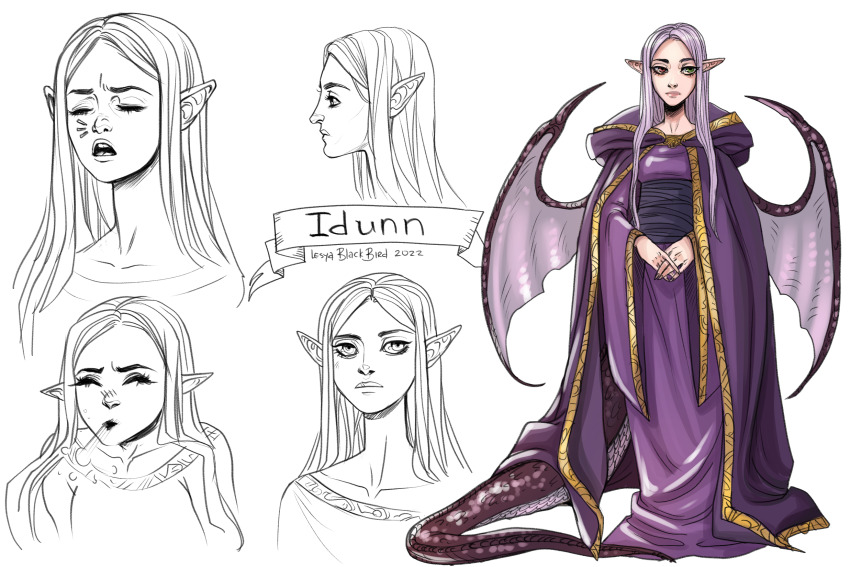 1girl character_name cloak commission dragon_girl dragon_tail dragon_wings dress expressionless fire_emblem fire_emblem:_the_binding_blade full_body gold_trim green_eyes heterochromia highres hood hood_down hooded_cloak idunn_(fire_emblem) lesyablackbird long_dress long_hair long_pointy_ears long_sleeves multiple_expressions nintendo own_hands_together parted_bangs pointy_ears purple_cloak purple_dress purple_hair purple_robe purple_tail purple_wings red_eyes robe standing tail wide_sleeves wings