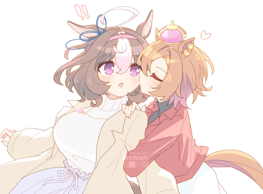 ! !! 2girls :o @_@ ahoge animal_ears black_sweater blue_ribbon blush bow breasts brown_hair closed_eyes coat commentary_request crown ear_ornament ear_ribbon hairband hand_on_another&#039;s_shoulder heart hihiqhi holding_another&#039;s_arm horse_ears horse_girl horse_tail jacket jewelry kiss kissing_cheek lapels large_breasts long_sleeves looking_at_another meisho_doto_(umamusume) mini_crown multicolored_hair multiple_girls necklace notched_lapels open_clothes open_coat orange_hair orange_tail pink_hairband purple_eyes red_jacket ribbon short_hair simple_background streaked_hair surprised sweater t.m._opera_o_(umamusume) tail turtleneck turtleneck_sweater twitter_username two-tone_hair u_u umamusume upper_body white_background white_hair white_sweater yuri