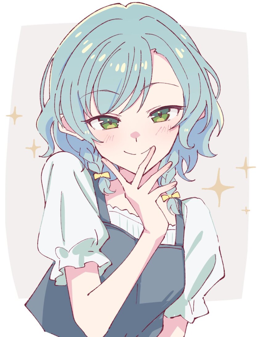 1girl aqua_hair bang_dream! blush braid closed_mouth commentary e20 green_eyes grey_background highres hikawa_hina looking_at_viewer shirt short_sleeves side_braids solo sparkle upper_body w w_over_mouth white_shirt