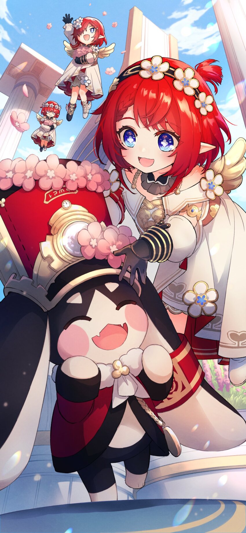3girls absurdres ancient_greek_clothes angel_wings architecture asymmetrical_footwear blue_eyes blue_sky coat commentary_request cross-shaped_pupils dress falling_petals flower flying greco-roman_architecture greco-roman_clothes hair_over_one_eye hat head_wreath highres holding holding_flower honkai:_star_rail honkai_(series) kinatsu_k mismatched_footwear multiple_girls official_art open_mouth petals pointy_ears pom-pom_(honkai:_star_rail) red_coat red_hair red_hat second-party_source sky smile stone_pillar symbol-shaped_pupils trianne_(honkai:_star_rail) tribbie_(honkai:_star_rail) trinnon_(honkai:_star_rail) white_blindfold white_dress winged_boots wings