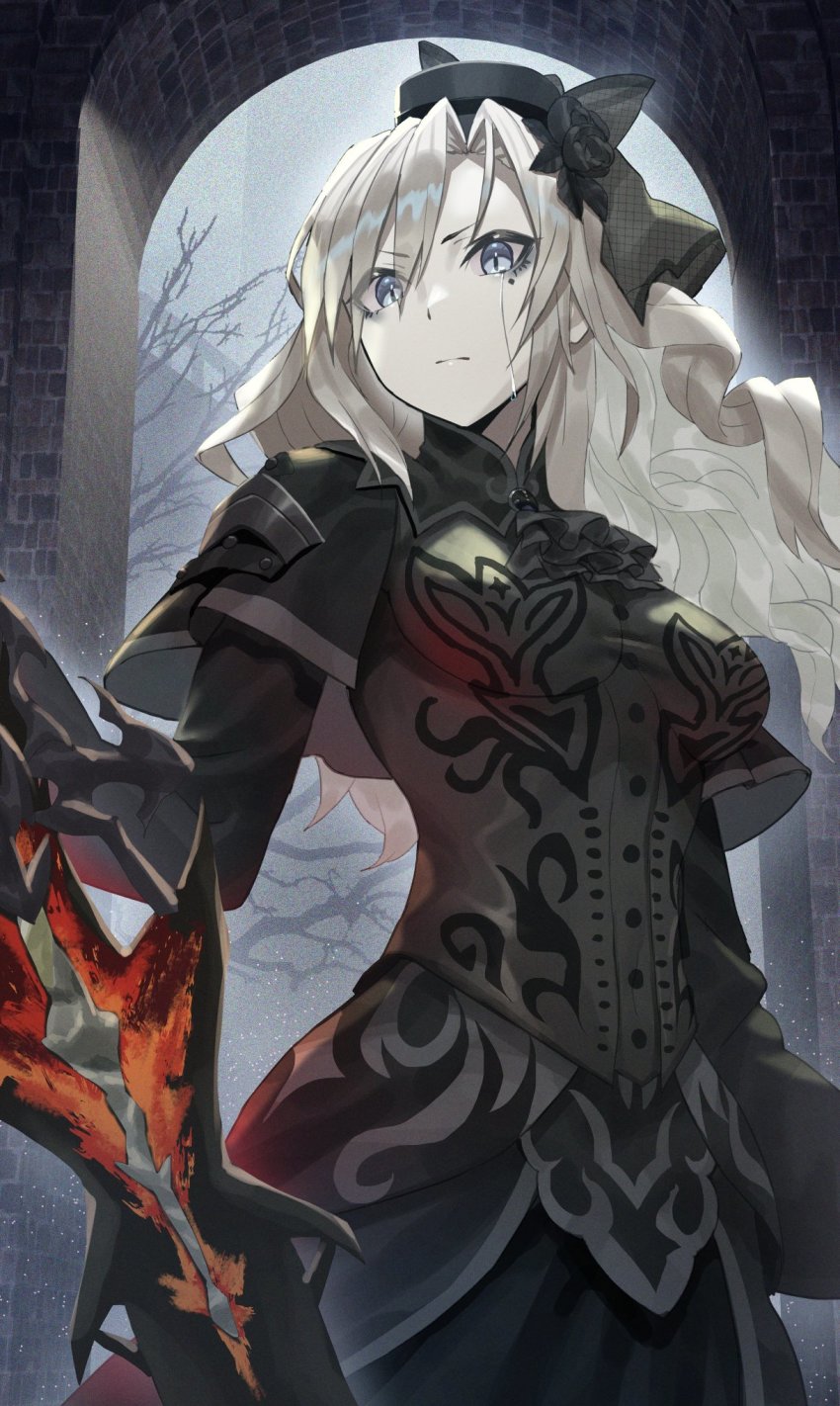 1girl arch bare_tree beppu_mitsunaka black_dress black_headwear blonde_hair blue_eyes building commentary cowboy_shot crying crying_with_eyes_open dress eyelashes facial_mark fate/grand_order fate_(series) film_grain frown grey_sky highres holding holding_sword holding_weapon kriemhild_(fate) kriemhild_(first_ascension)_(fate) long_hair long_sleeves looking_at_viewer outdoors single_tear sky slit_pupils solo sword tears tree wavy_hair weapon