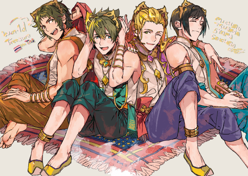4boys aqua_pants barefoot black_hair black_pants blonde_hair blue_eyes carpet character_request closed_eyes closed_mouth commentary commentary_request english_commentary english_text fingernails full_body gold_armlet gold_collar gold_necklace gold_trim hair_between_eyes hair_ornament hand_on_another&#039;s_shoulder hand_on_own_head idolmaster idolmaster_side-m jewelry kashiwagi_tsubasa knees_up looking_at_viewer male_focus mixed-language_commentary mole mole_under_mouth multiple_boys nana_tetra necklace open_mouth orange_pants pants purple_pants shirt shoes short_hair simple_background sitting sleeveless sleeveless_shirt teeth thai_flag toned toned_male twitter_username white_background white_shirt yellow_eyes yellow_shoes