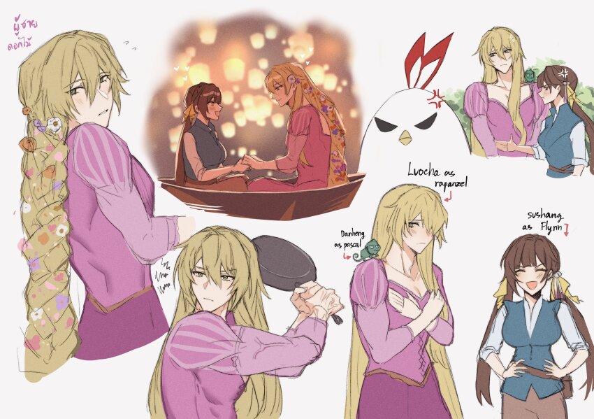 :d anger_vein animal animal_on_shoulder arrow_(symbol) bird blonde_hair boat braid breasts brown_hair brown_pants closed_eyes closed_mouth collarbone cosplay covering_privates covering_breasts crossdressing dan_heng_(honkai:_star_rail) disney dress english_text flower flynn_rider flynn_rider_(cosplay) frying_pan green_eyes hair_between_eyes hair_flower hair_ornament hands_on_own_hips height_difference highres holding holding_frying_pan honkai:_star_rail honkai_(series) large_breasts long_hair luocha_(honkai:_star_rail) open_mouth pants pascal_(tangled) pascal_(tangled)_(cosplay) pectoral_cleavage pectorals pink_dress rapunzel_(disney) rapunzel_(disney)_(cosplay) shikiauu simple_background sitting smile standing sushang_(honkai:_star_rail) tangled thai_commentary thai_text twintails watercraft white_background white_sleeves
