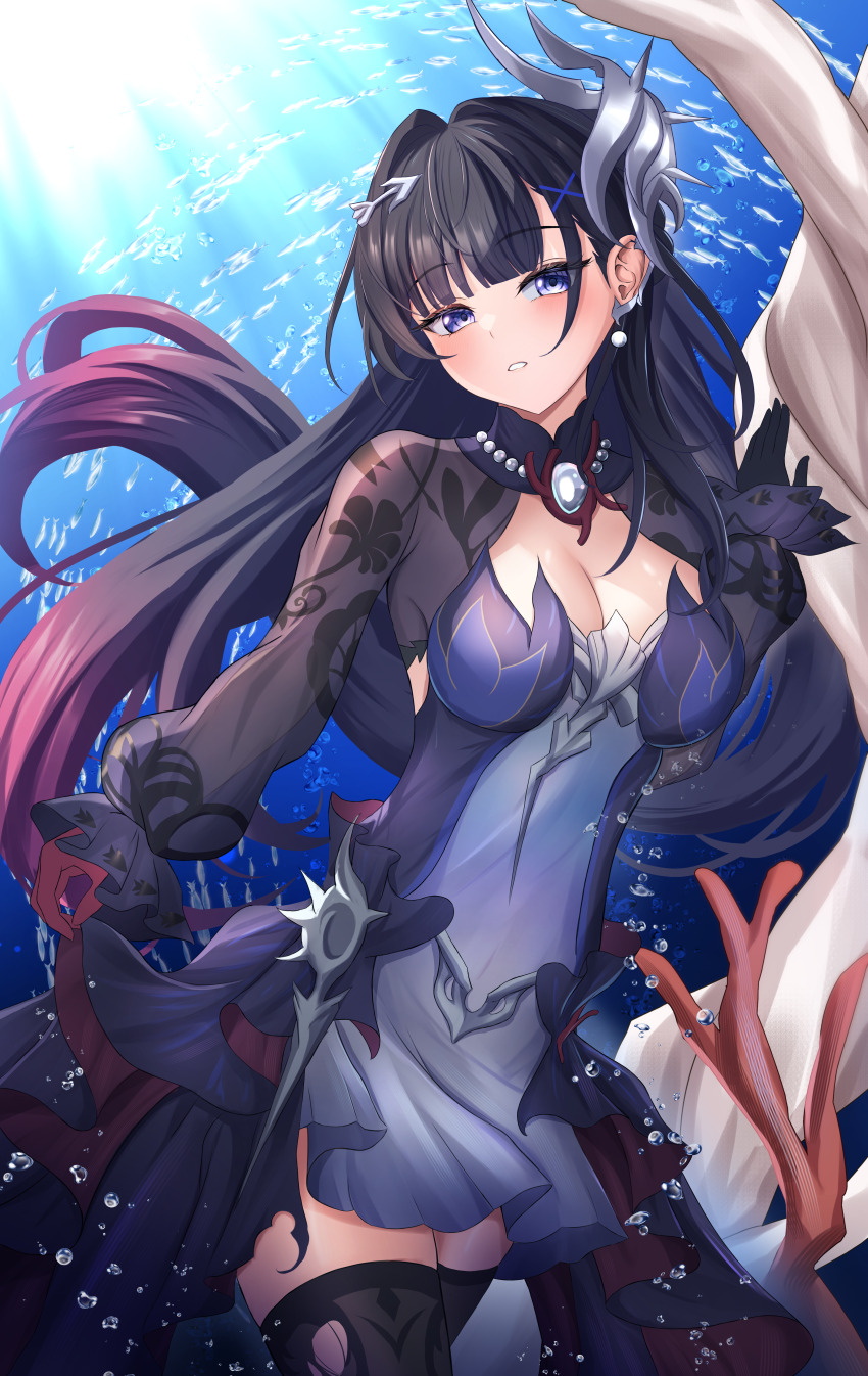1girl absurdres air_bubble arrow_hair_ornament asymmetrical_gloves black_gloves black_hair black_thighhighs blunt_bangs blush breasts bubble cleavage commentary coral dress earrings fish gloves gradient_hair hair_intakes hair_ornament head_tilt highres honkai:_star_rail honkai_(series) hysilens_(honkai:_star_rail) jewelry large_breasts light_rays long_hair long_sleeves looking_at_viewer multicolored_dress multicolored_hair necklace ocean parted_lips pearl_necklace purple_dress purple_eyes red_gloves see-through_clothes see-through_sleeves shouhaku0512 solo thighhighs thighs torn_clothes torn_thighhighs underwear very_long_hair water x_hair_ornament