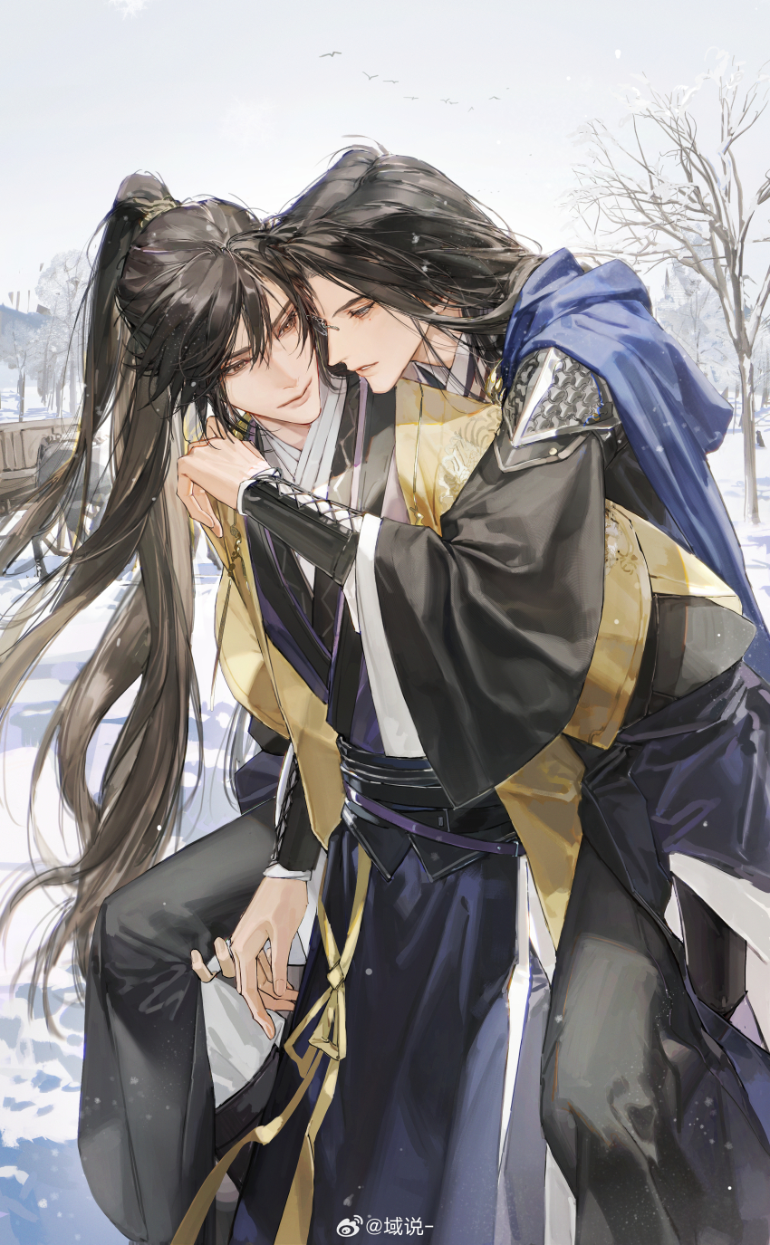 2boys absurdres armor bare_tree bird black_hair black_hanfu black_pants black_sash blue_cape brown_eyes brown_hair cape carrying carrying_person chang_geng chinese_clothes chinese_commentary closed_mouth cowboy_shot gu_yun hanfu high_ponytail highres long_hair long_sleeves looking_at_another male_focus monocle multiple_boys outdoors pants parted_lips piggyback ponytail pullcart purple_hanfu sash sha_po_lang shoulder_armor snow snowing tree watermark weibo_watermark wide_sleeves xiao_guan_(headdress) yaoi yu_shuo_de_nian_ji_zhu