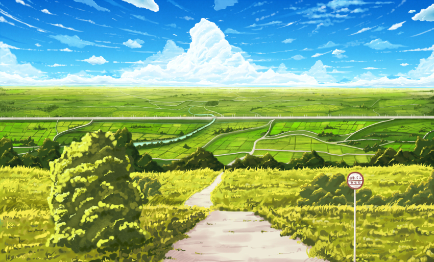 blue_sky bush cloud cloudy_sky cumulonimbus_cloud dirt_road grass no_humans original outdoors pei_(sumurai) rice_paddy road road_sign rural sign sky